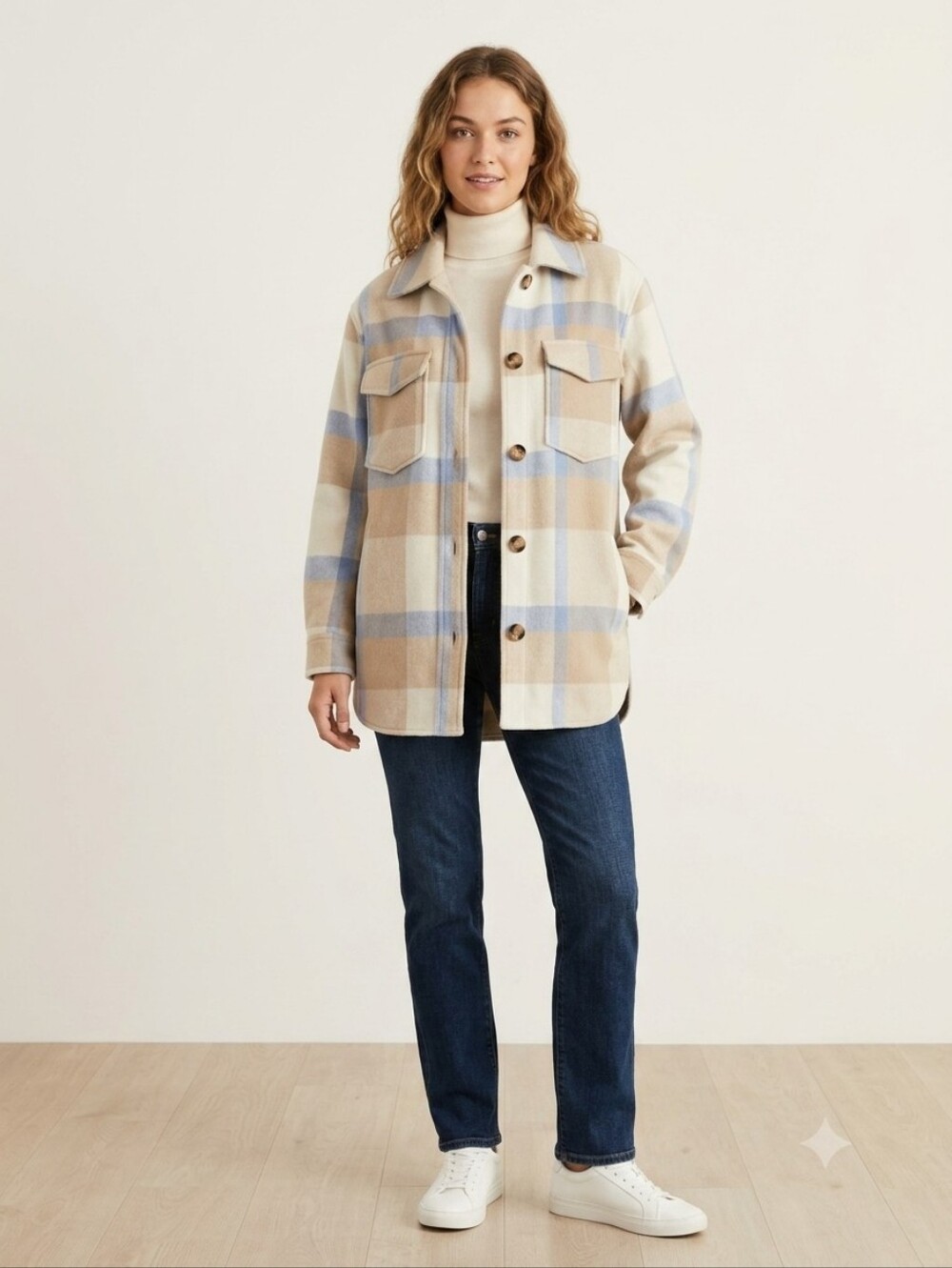 H&M Plaid Utility Jacket in Cream, Light Blue & Tan
